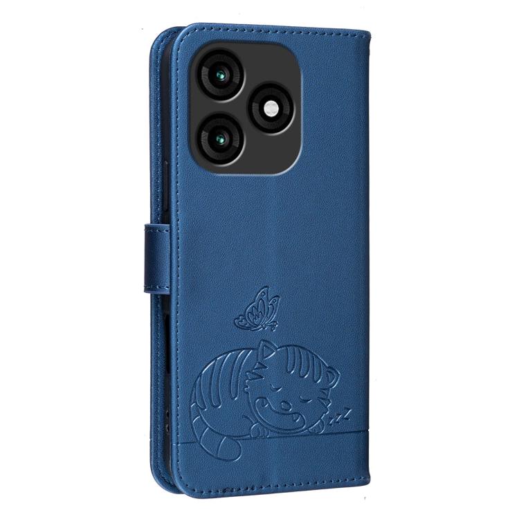 For Itel A70 Cat Butterfly Embossed RFID Vegan Leather Phone Case with Strap
