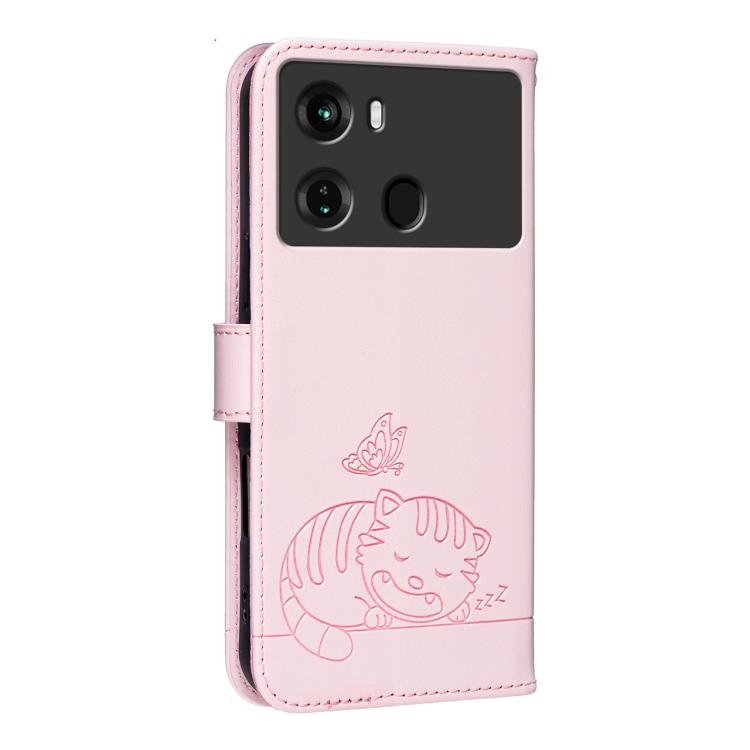 For Itel P40 Cat Butterfly Embossed RFID Vegan Leather Phone Case with Strap