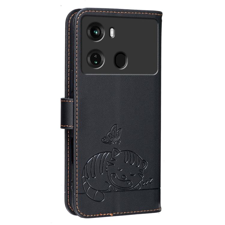 For Itel P40 Cat Butterfly Embossed RFID Vegan Leather Phone Case with Strap