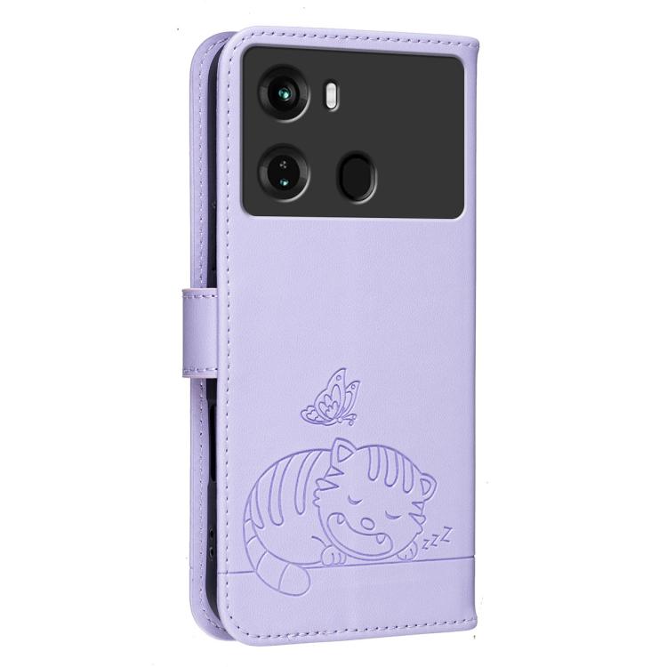 For Itel P40 Cat Butterfly Embossed RFID Vegan Leather Phone Case with Strap