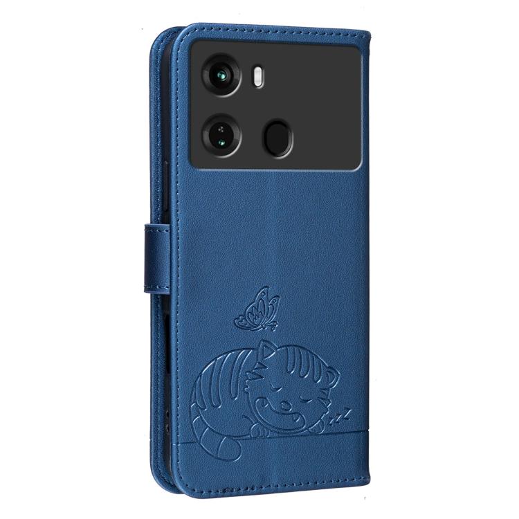 For Itel P40 Cat Butterfly Embossed RFID Vegan Leather Phone Case with Strap
