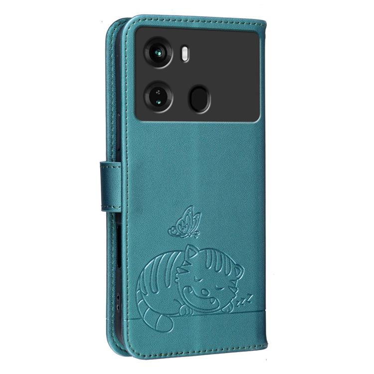 For Itel P40 Cat Butterfly Embossed RFID Vegan Leather Phone Case with Strap