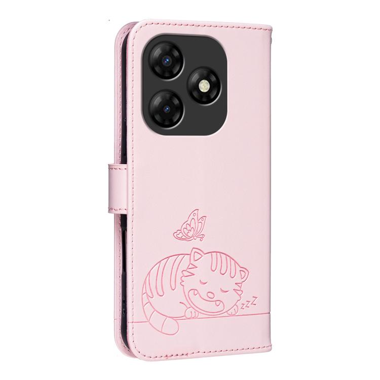 For Itel P55 4G Cat Butterfly Embossed RFID Vegan Leather Phone Case with Strap