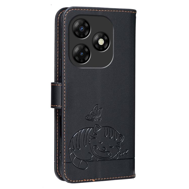 For Itel P55 4G Cat Butterfly Embossed RFID Vegan Leather Phone Case with Strap