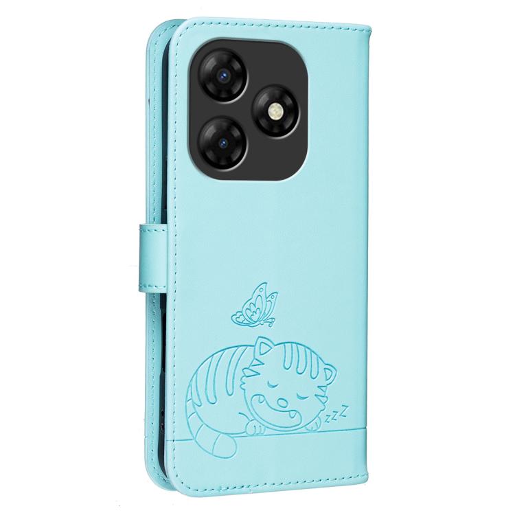 For Itel P55 4G Cat Butterfly Embossed RFID Vegan Leather Phone Case with Strap