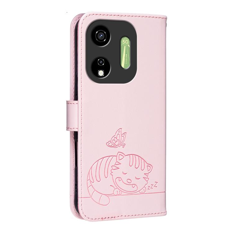 For Itel P55 5G Cat Butterfly Embossed RFID Vegan Leather Phone Case with Strap