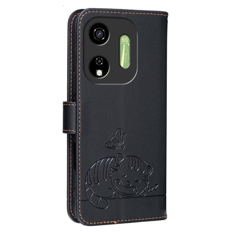 For Itel P55 5G Cat Butterfly Embossed RFID Vegan Leather Phone Case with Strap