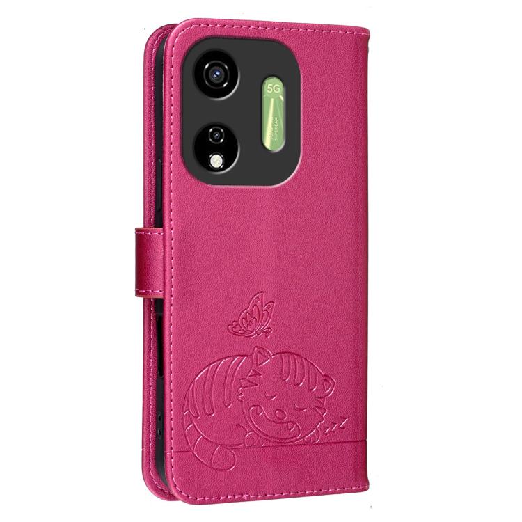 For Itel P55 5G Cat Butterfly Embossed RFID Vegan Leather Phone Case with Strap