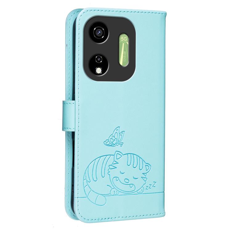 For Itel P55 5G Cat Butterfly Embossed RFID Vegan Leather Phone Case with Strap