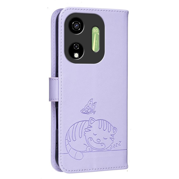 For Itel P55 5G Cat Butterfly Embossed RFID Vegan Leather Phone Case with Strap
