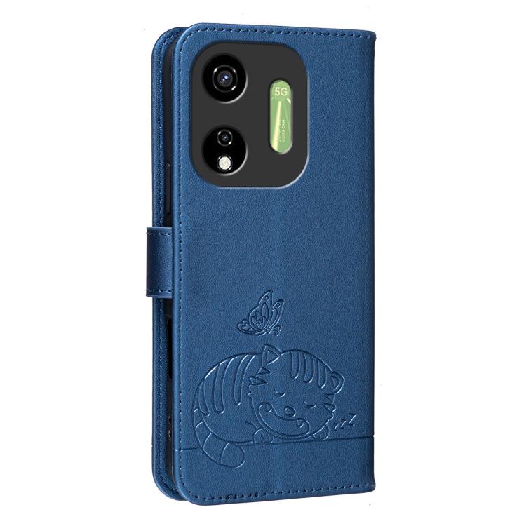 For Itel P55 5G Cat Butterfly Embossed RFID Vegan Leather Phone Case with Strap