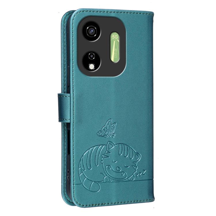 For Itel P55 5G Cat Butterfly Embossed RFID Vegan Leather Phone Case with Strap