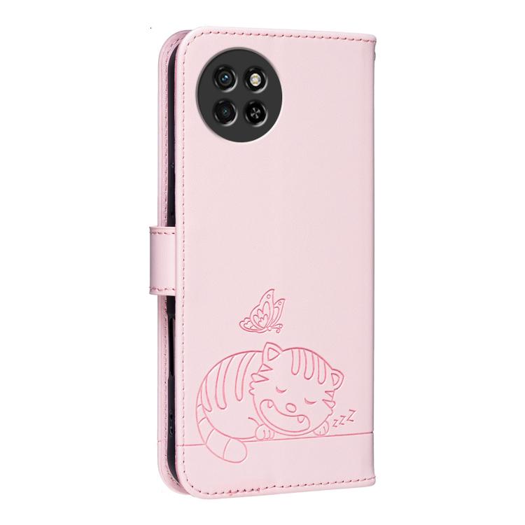 For Itel S23 Cat Butterfly Embossed RFID Vegan Leather Phone Case with Strap