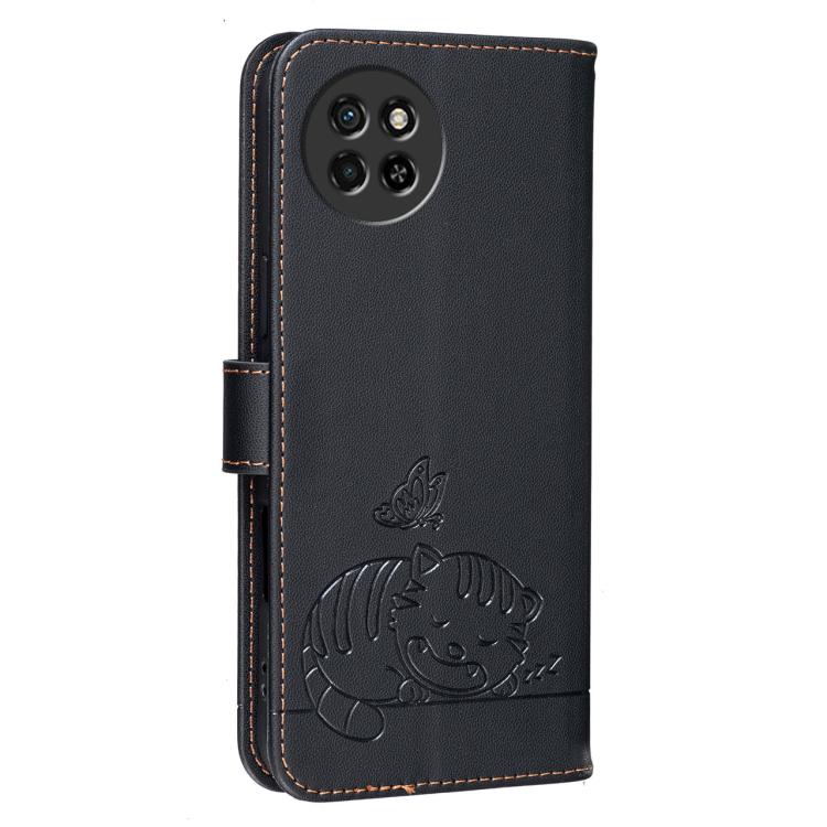 For Itel S23 Cat Butterfly Embossed RFID Vegan Leather Phone Case with Strap