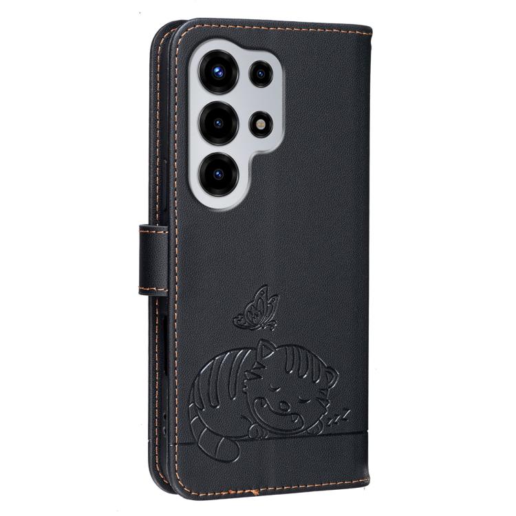 For Itel Super 26 Ultra Cat Butterfly Embossed RFID Vegan Leather Phone Case with Strap