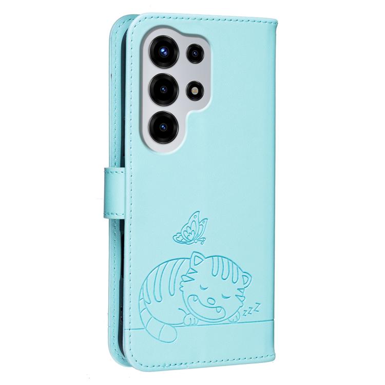 For Itel Super 26 Ultra Cat Butterfly Embossed RFID Vegan Leather Phone Case with Strap