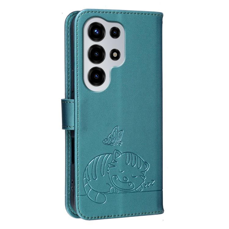 For Itel Super 26 Ultra Cat Butterfly Embossed RFID Vegan Leather Phone Case with Strap