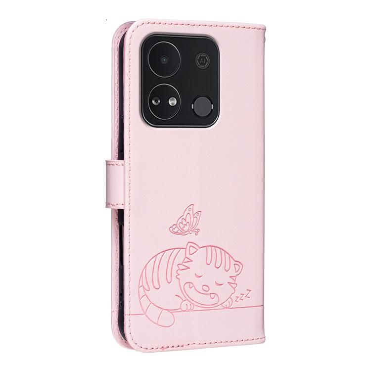 For Itel A04 Cat Butterfly Embossed RFID Vegan Leather Phone Case with Strap