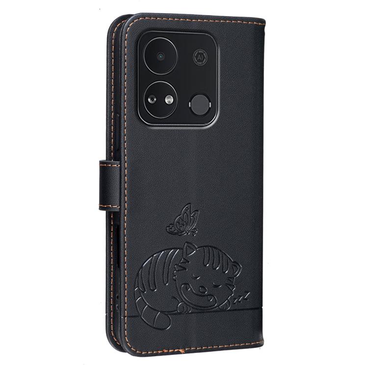 For Itel A04 Cat Butterfly Embossed RFID Vegan Leather Phone Case with Strap