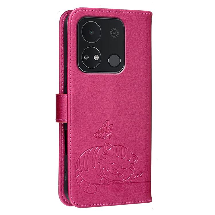 For Itel A04 Cat Butterfly Embossed RFID Vegan Leather Phone Case with Strap