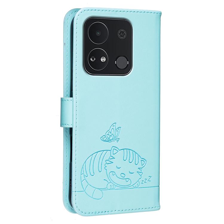 For Itel A04 Cat Butterfly Embossed RFID Vegan Leather Phone Case with Strap