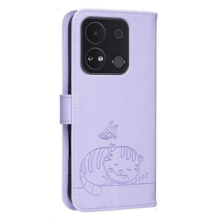 For Itel A04 Cat Butterfly Embossed RFID Vegan Leather Phone Case with Strap