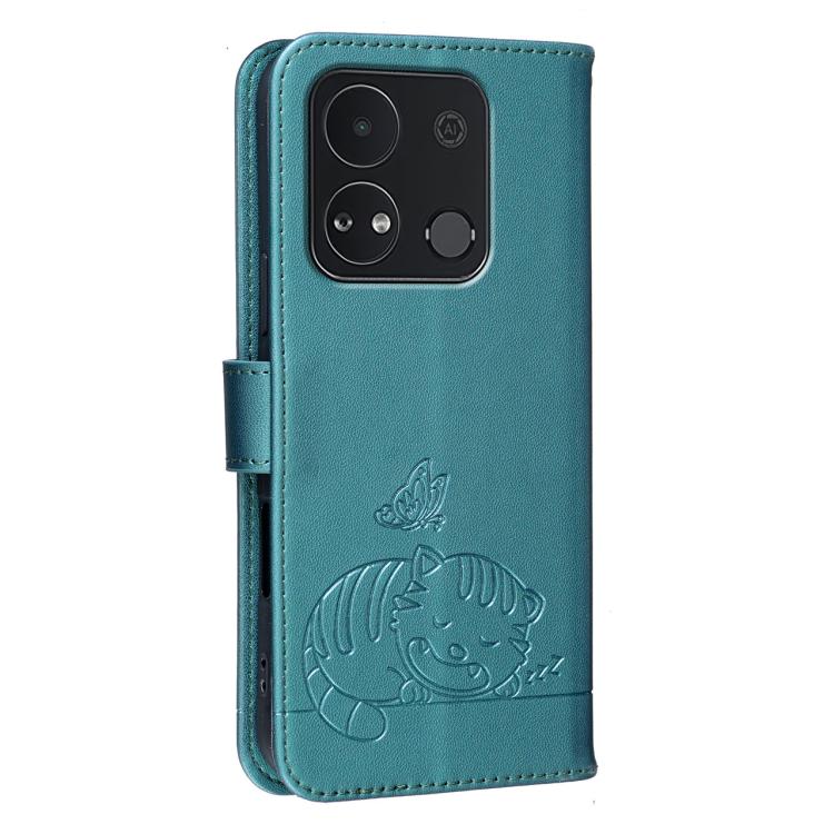For Itel A04 Cat Butterfly Embossed RFID Vegan Leather Phone Case with Strap