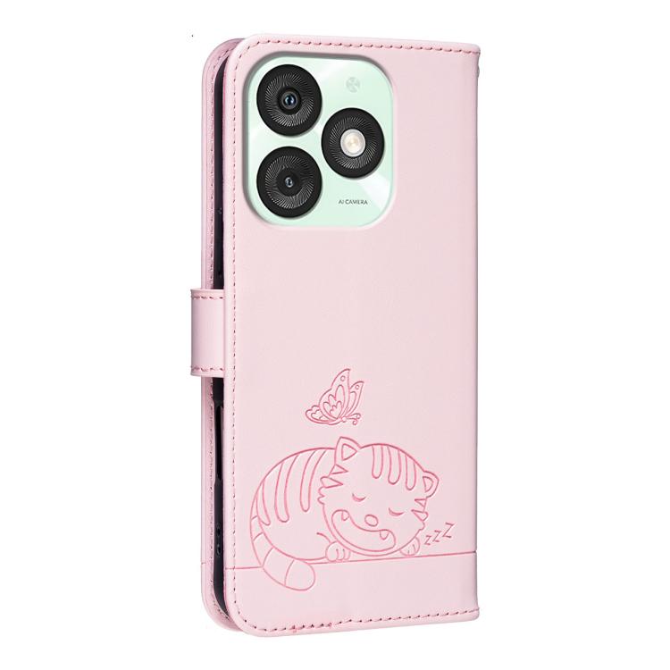 For Itel A50 Cat Butterfly Embossed RFID Vegan Leather Phone Case with Strap