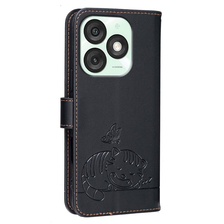 For Itel A50 Cat Butterfly Embossed RFID Vegan Leather Phone Case with Strap