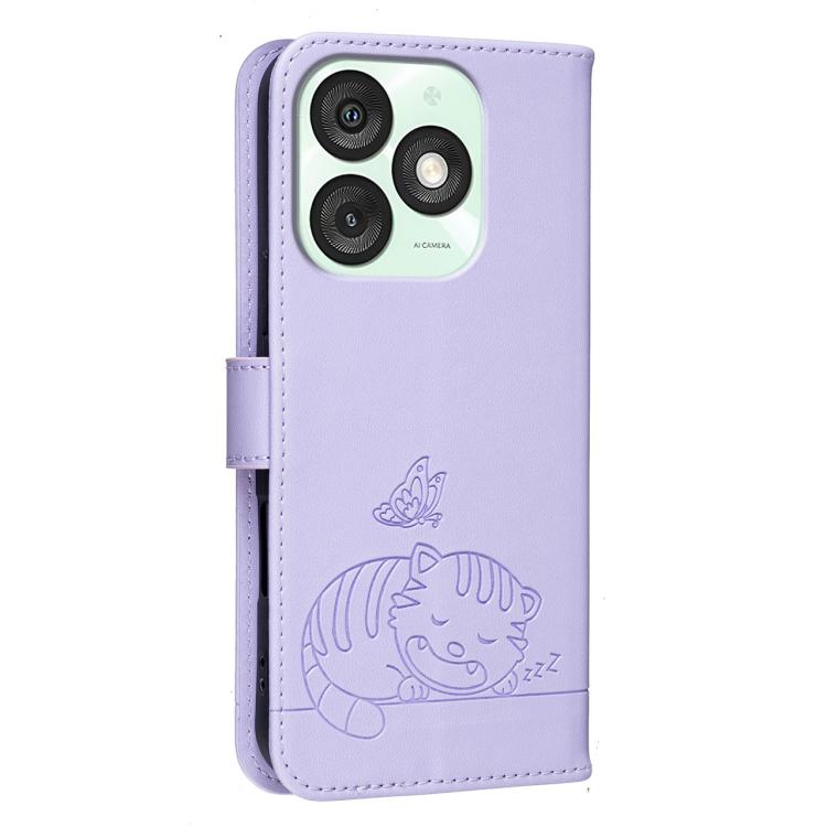 For Itel A50 Cat Butterfly Embossed RFID Vegan Leather Phone Case with Strap