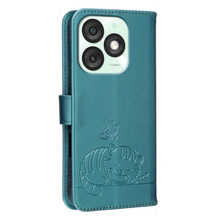For Itel A50 Cat Butterfly Embossed RFID Vegan Leather Phone Case with Strap