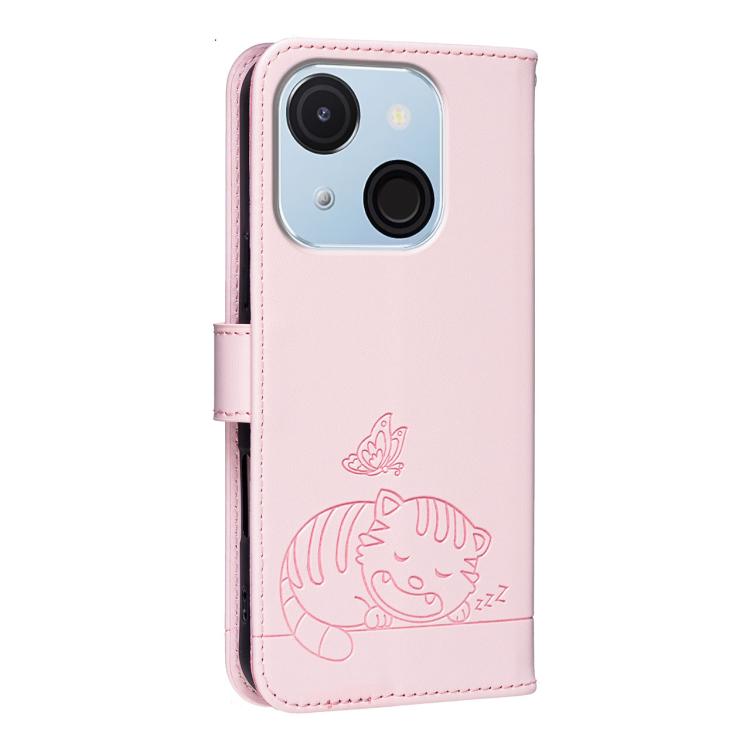 For Itel A50C Cat Butterfly Embossed RFID Vegan Leather Phone Case with Strap