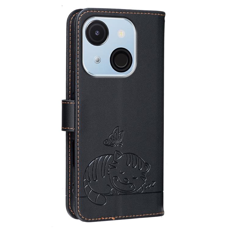 For Itel A50C Cat Butterfly Embossed RFID Vegan Leather Phone Case with Strap