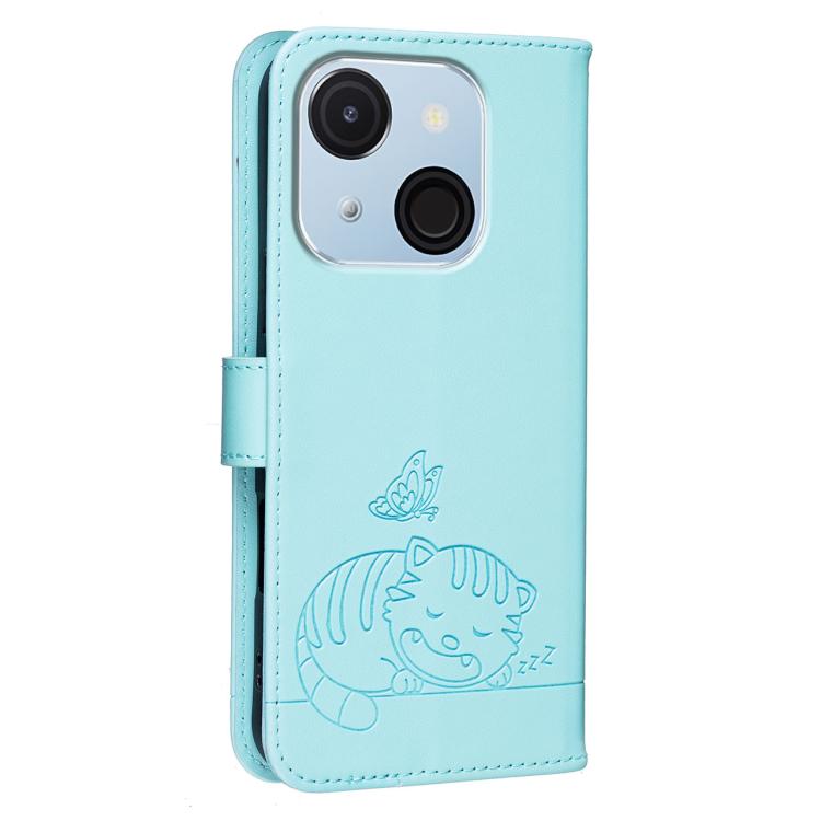 For Itel A50C Cat Butterfly Embossed RFID Vegan Leather Phone Case with Strap