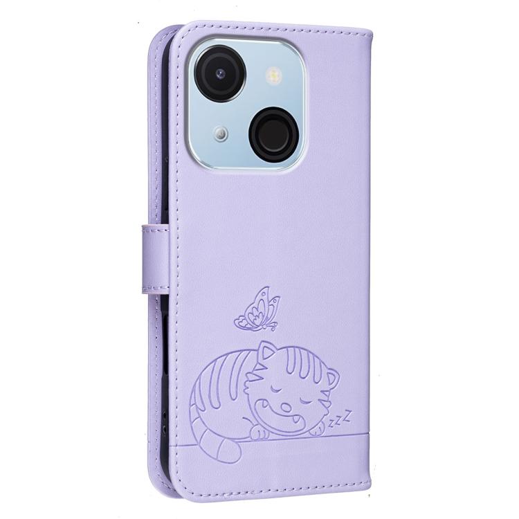 For Itel A50C Cat Butterfly Embossed RFID Vegan Leather Phone Case with Strap