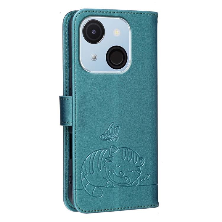 For Itel A50C Cat Butterfly Embossed RFID Vegan Leather Phone Case with Strap