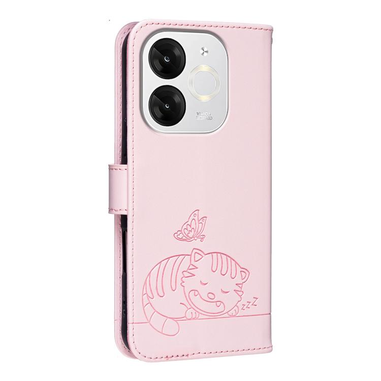 For Itel A80 Cat Butterfly Embossed RFID Vegan Leather Phone Case with Strap