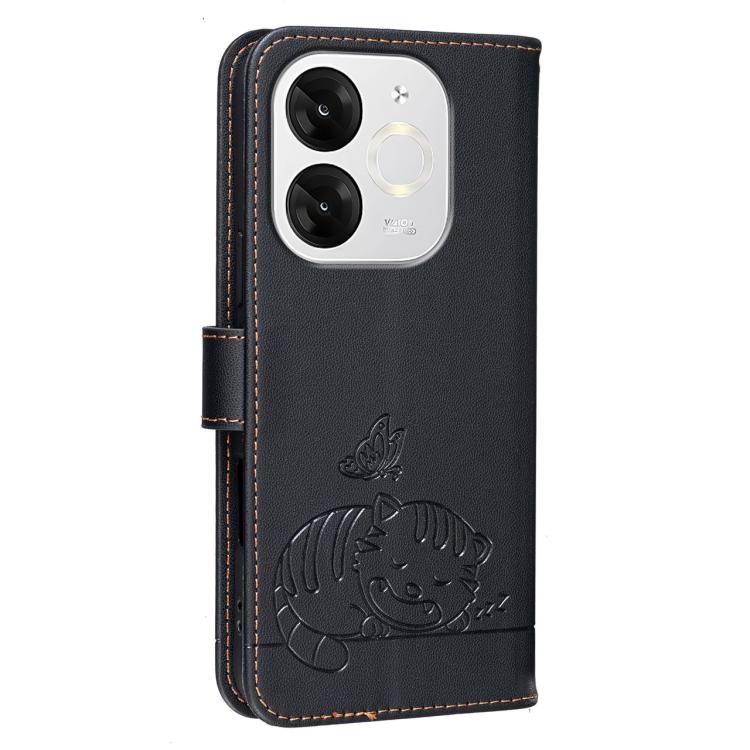 For Itel A80 Cat Butterfly Embossed RFID Vegan Leather Phone Case with Strap
