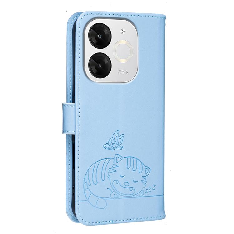 For Itel A80 Cat Butterfly Embossed RFID Vegan Leather Phone Case with Strap