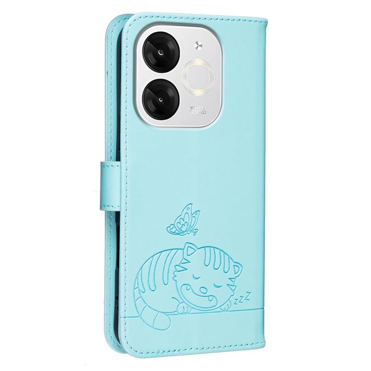 For Itel A80 Cat Butterfly Embossed RFID Vegan Leather Phone Case with Strap