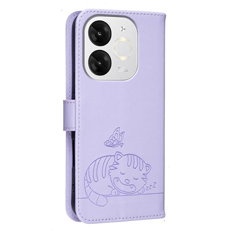 For Itel A80 Cat Butterfly Embossed RFID Vegan Leather Phone Case with Strap