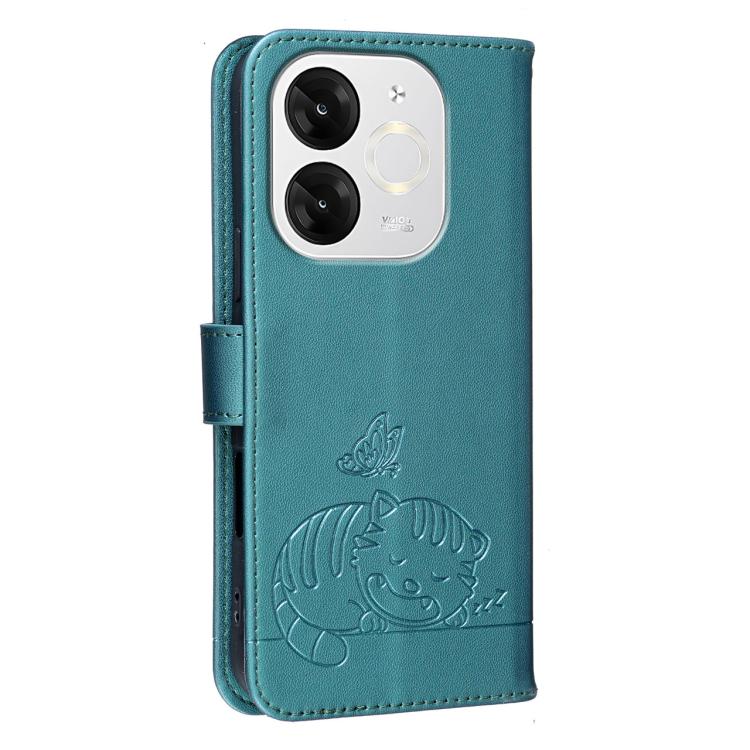 For Itel A80 Cat Butterfly Embossed RFID Vegan Leather Phone Case with Strap