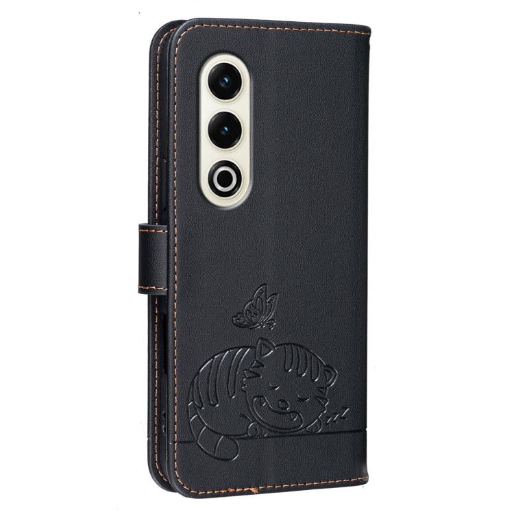 For Itel S25 Cat Butterfly Embossed RFID Vegan Leather Phone Case with Strap