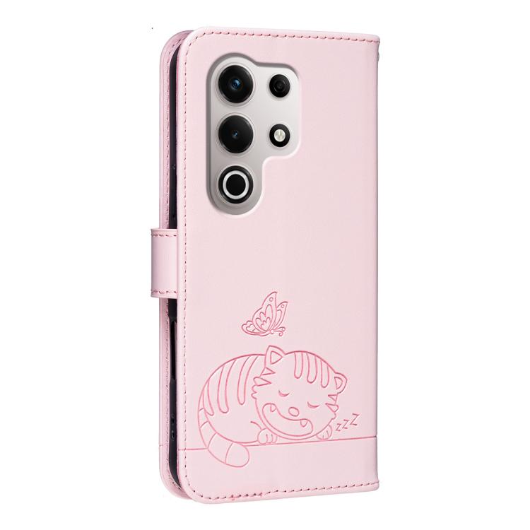 For Itel S25 Ultra Cat Butterfly Embossed RFID Vegan Leather Phone Case with Strap