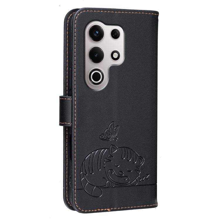For Itel S25 Ultra Cat Butterfly Embossed RFID Vegan Leather Phone Case with Strap