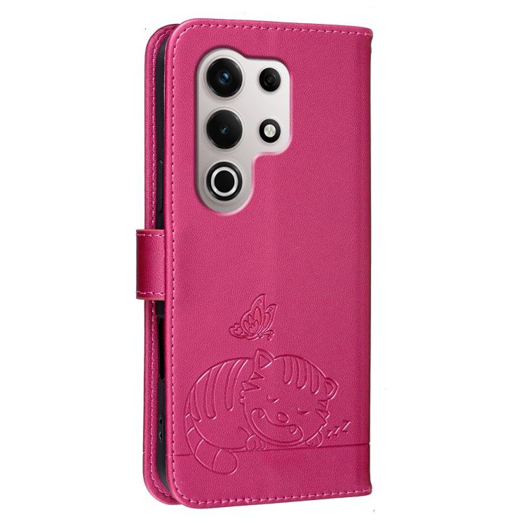 For Itel S25 Ultra Cat Butterfly Embossed RFID Vegan Leather Phone Case with Strap