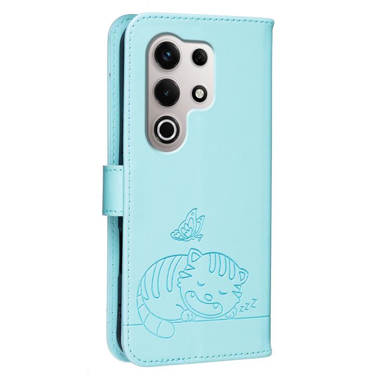 For Itel S25 Ultra Cat Butterfly Embossed RFID Vegan Leather Phone Case with Strap