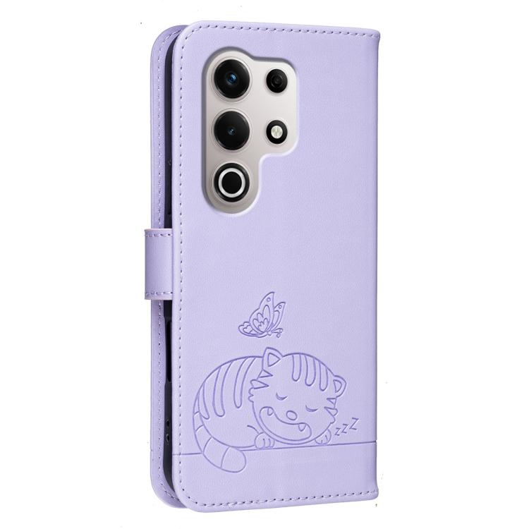 For Itel S25 Ultra Cat Butterfly Embossed RFID Vegan Leather Phone Case with Strap