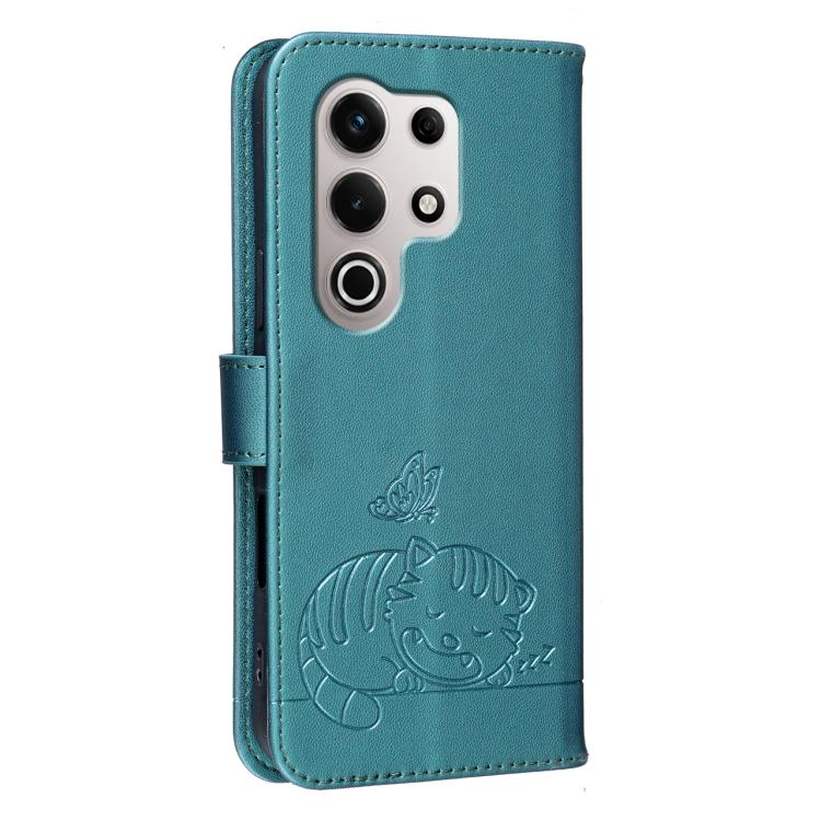 For Itel S25 Ultra Cat Butterfly Embossed RFID Vegan Leather Phone Case with Strap