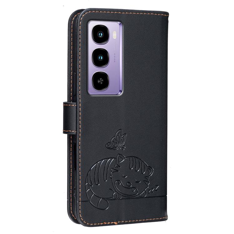For Itel City 100 4G Cat Butterfly Embossed RFID Vegan Leather Phone Case with Strap
